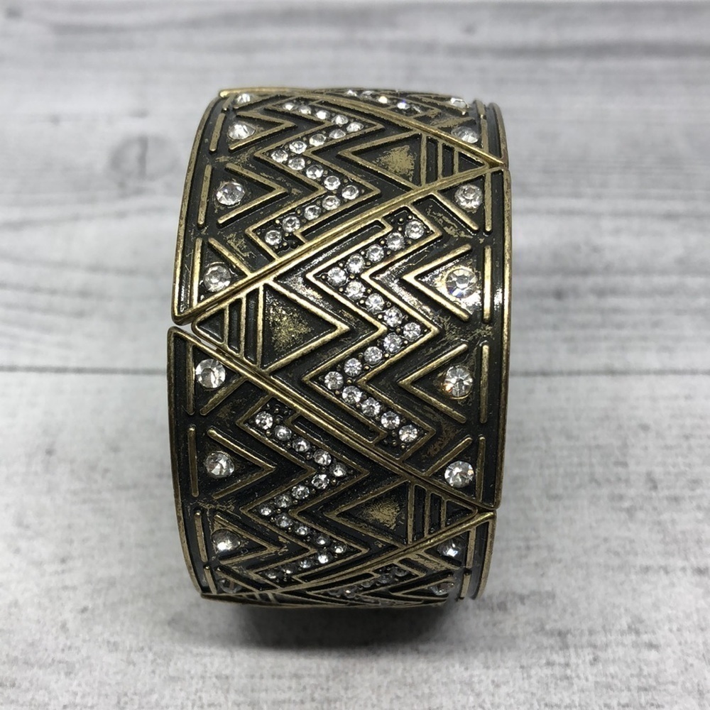 Antique brass tone rhinestone wide stretch statement bracelet